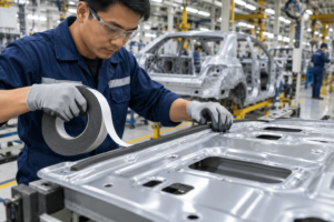 Pemasangan double foam tape pada panel logam di lini produksi otomotif