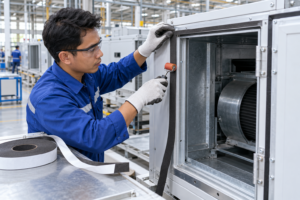 Foam Tape: Jenis, Fungsi, dan Cara Memilihnya 4 Teknisi memasang foam tape sebagai seal pada unit HVAC industri