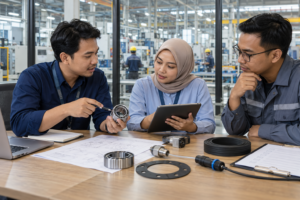 Tim procurement membahas spesifikasi dalam proses pengadaan kebutuhan pabrik