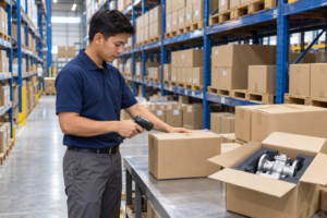 Perbedaan General Trading, Distributor, dan Supplier 3 Petugas memeriksa barang di gudang distribusi sebagai ilustrasi pengelolaan stok dalam general trading vs distributor.