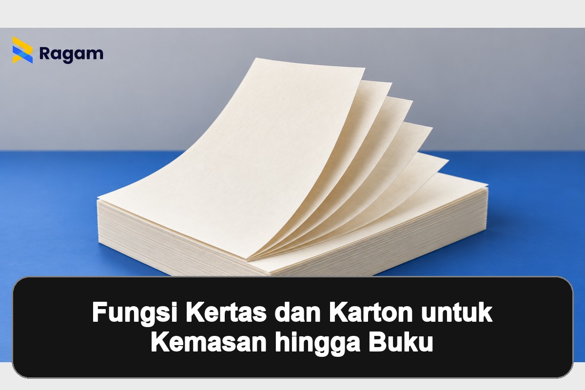 fungsi kertas dan karton: Gambar andalan bertema kertas dan karton untuk kemasan dan buku dengan panel hitam berisi judul artikel.
