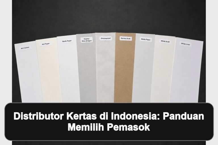 distributor kertas di Indonesia: Gambar andalan bertema kertas industri dengan panel hitam berisi judul artikel.