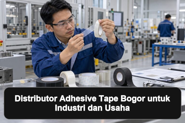 Distributor Adhesive Tape Bogor untuk Industri dan Usaha 12 distributor adhesive tape Bogor: Gambar andalan bertema distributor adhesive tape di Bogor dengan panel hitam berisi judul artikel.
