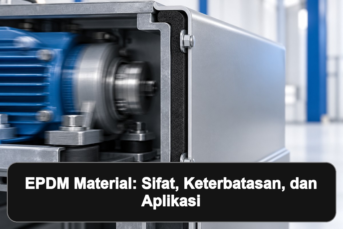 EPDM material: Gambar andalan bertema material EPDM untuk aplikasi industri dengan panel hitam berisi judul artikel.