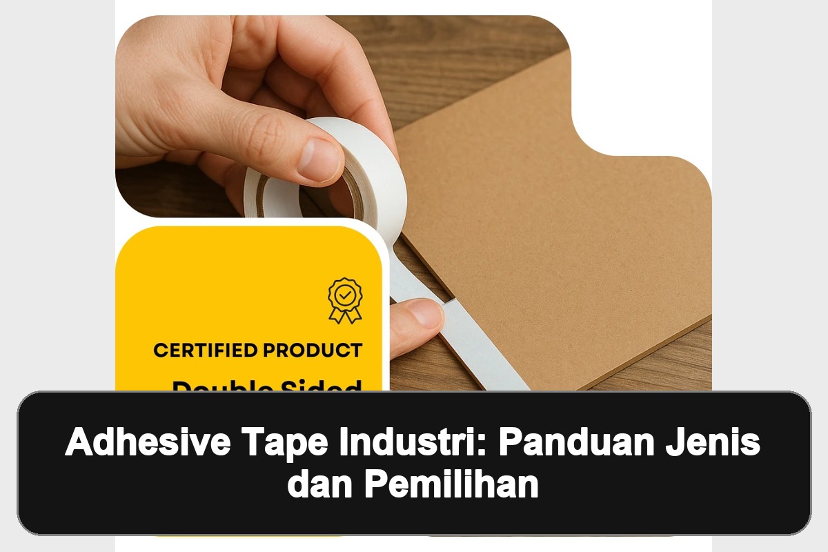 adhesive tape industri: Gambar andalan bertema adhesive tape untuk penggunaan industri dengan panel hitam berisi judul artikel.