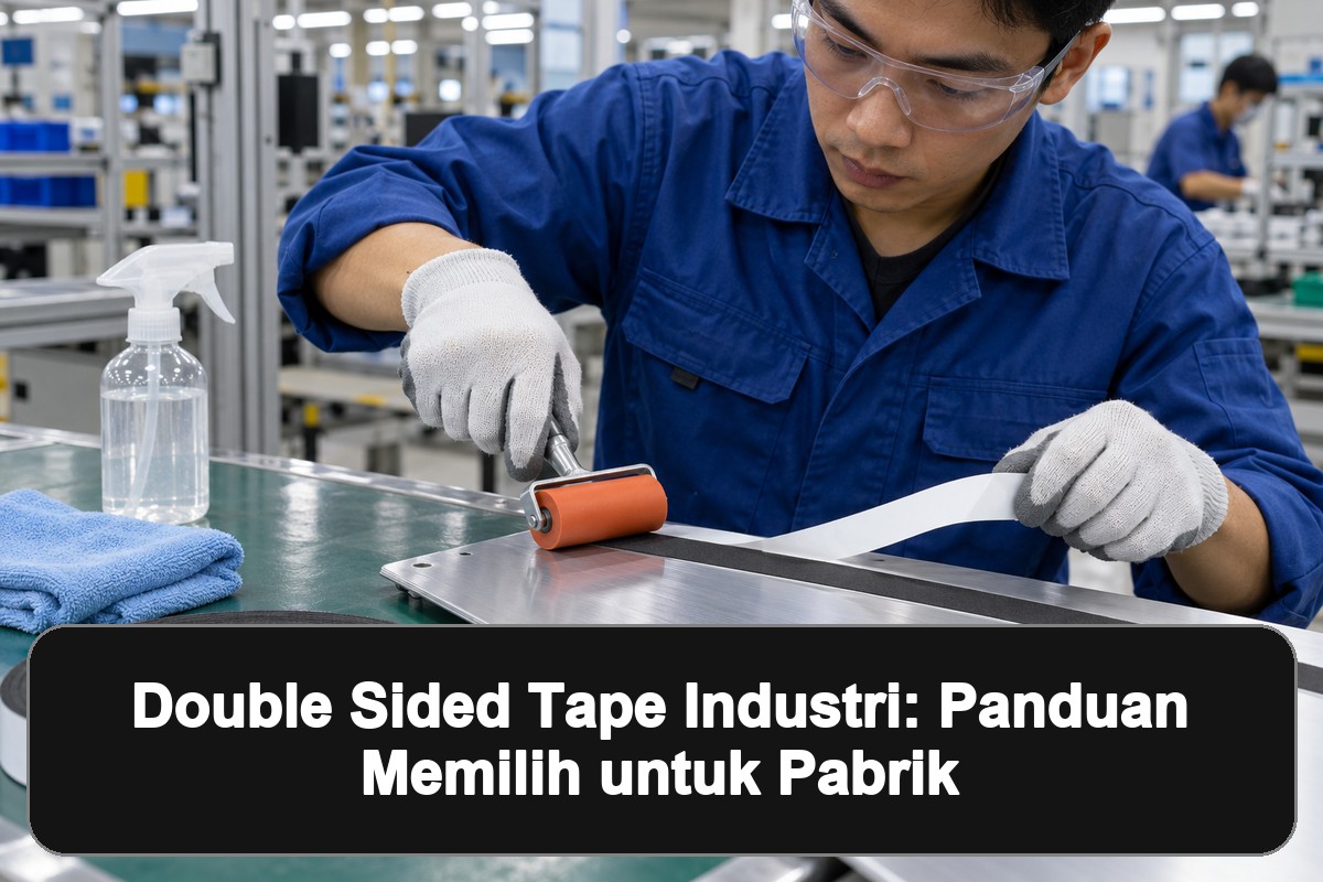 double sided tape industri: Gambar andalan bertema double sided tape untuk kebutuhan pabrik dengan panel hitam berisi judul artikel.