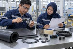 Tim industrial supply memeriksa spesifikasi material dan komponen untuk kebutuhan manufaktur