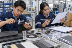 Pemeriksaan spesifikasi dan ketebalan material oleh supplier material industri