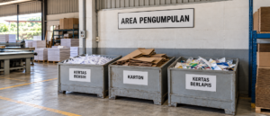 Area pengumpulan limbah kertas dengan wadah pemilahan