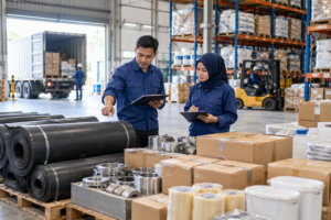 General Trading Indonesia untuk Kebutuhan Industri dan Manufaktur 2 Tim general trading Indonesia memeriksa berbagai kebutuhan industri di gudang