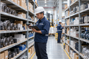 Peran Supplier Industri dalam Menjaga Operasional Pabrik 3 Pengecekan stok komponen oleh supplier industri di gudang pabrik